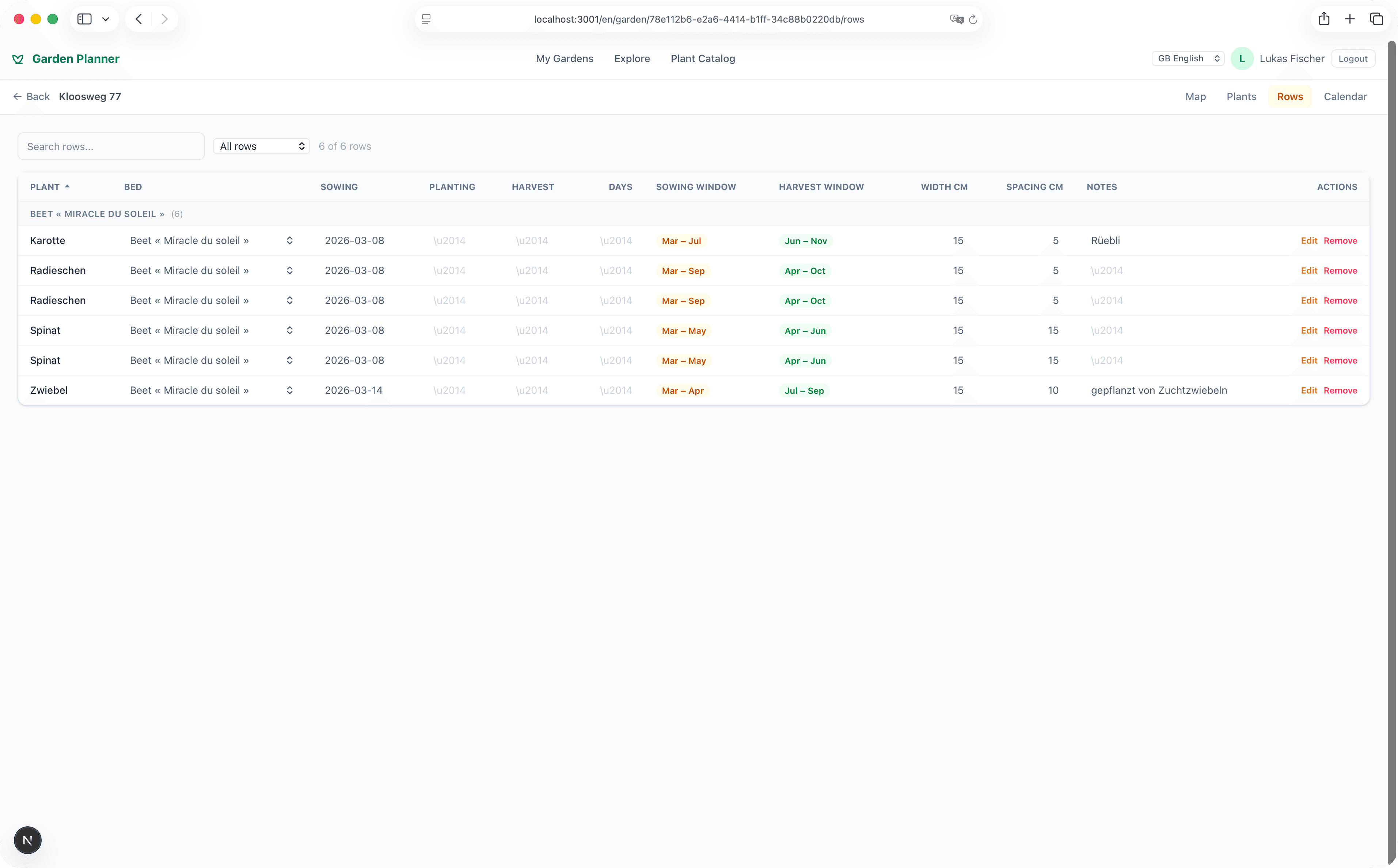 Plant rows table view